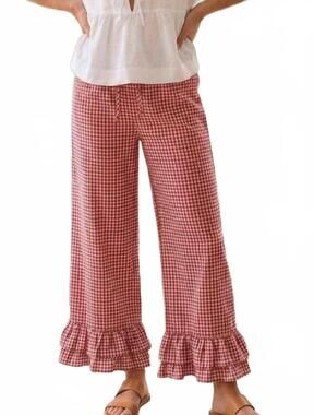 NEW VINE & LOVE gingham casual ruffled hem cropped pants in red